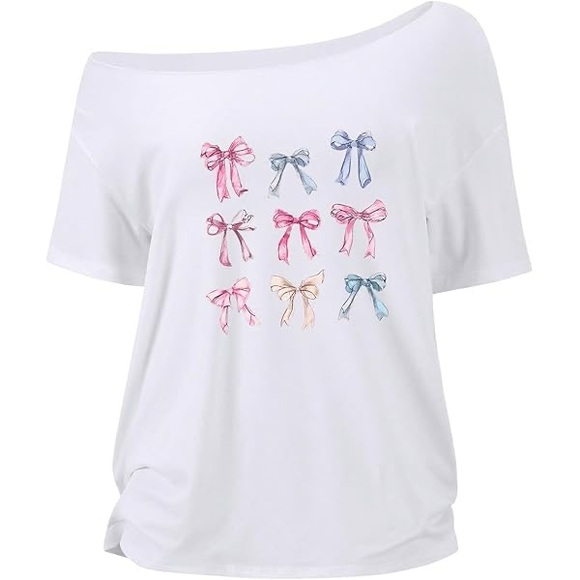 Large Women’s White Multicolor Bows Printed Top Soft Short Sleeve Chic Girls - Picture 1 of 10